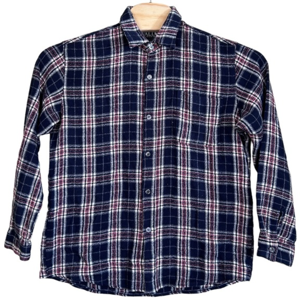 Falls Creek Navy Red Plaid Flannel Button Front Shirt Men’s XL (Wool Blend Feel)